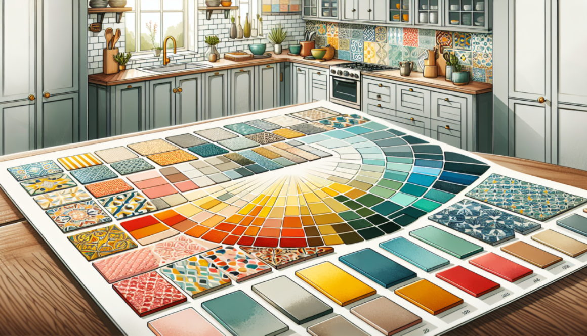 A colorful illustration displaying various color choices for splashback tiles.