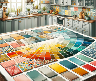 A colorful illustration displaying various color choices for splashback tiles.