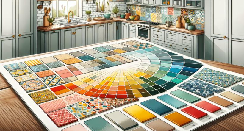 A colorful illustration displaying various color choices for splashback tiles.